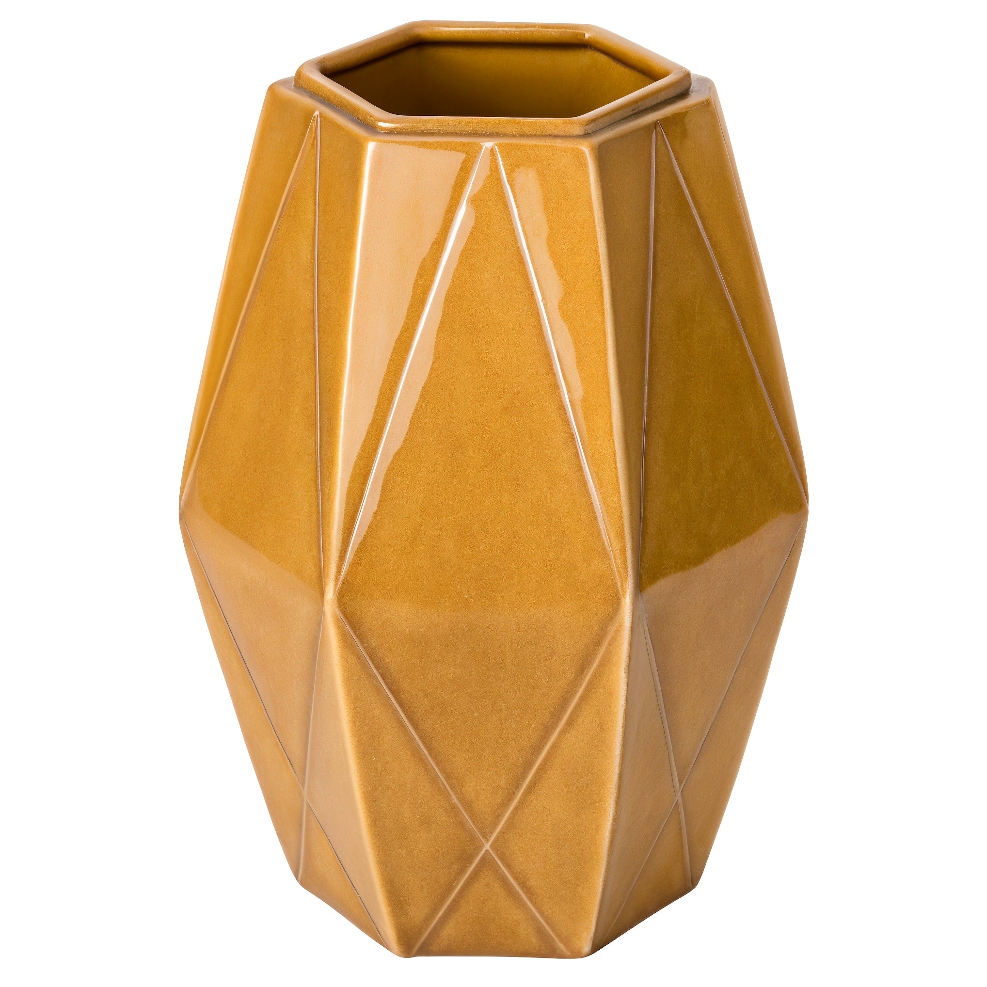 Jarrón Hexagonal Ocre — vista frontal de tres cuartos