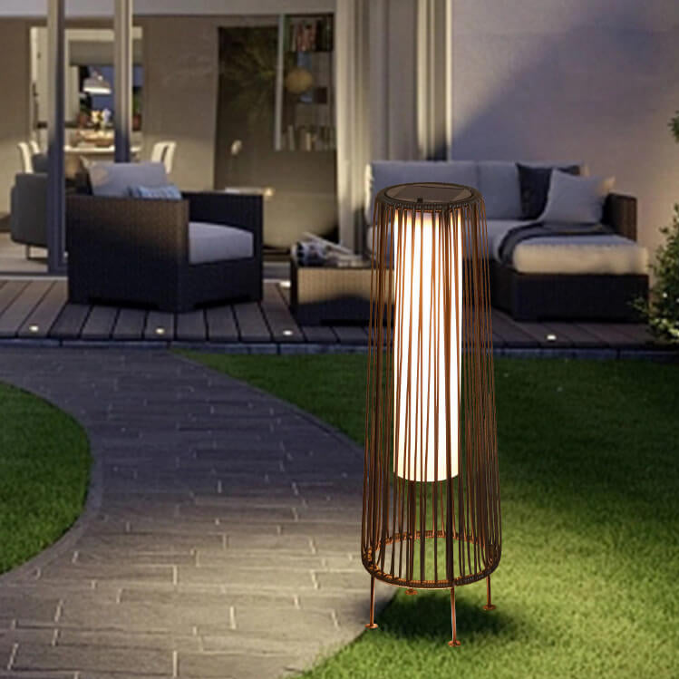 Lámpara de pie LED redonda vertical moderna minimalista, impermeable, de hierro y ratán para patio exterior