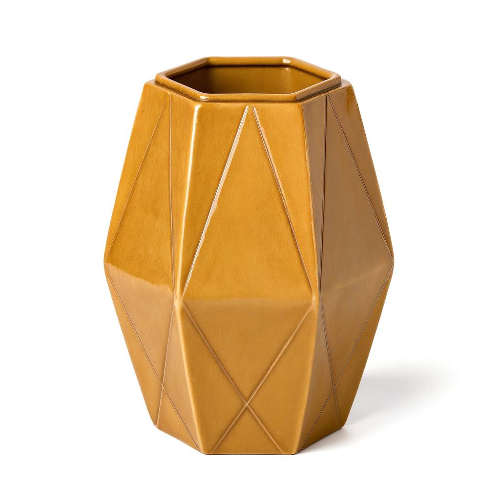 Jarrón Hexagonal Ocre — vista de perfil lateral