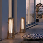 Lámpara de pie LED redonda vertical moderna minimalista, impermeable, de hierro y ratán para patio exterior