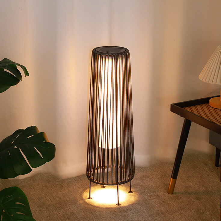 Lámpara de pie LED redonda vertical moderna minimalista, impermeable, de hierro y ratán para patio exterior