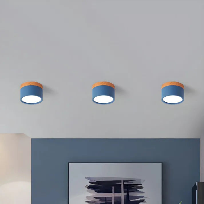 Lámpara de techo LED moderna | Cilindro negro con marco de madera