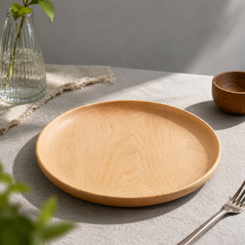 Detalle del acabado de madera del plato.