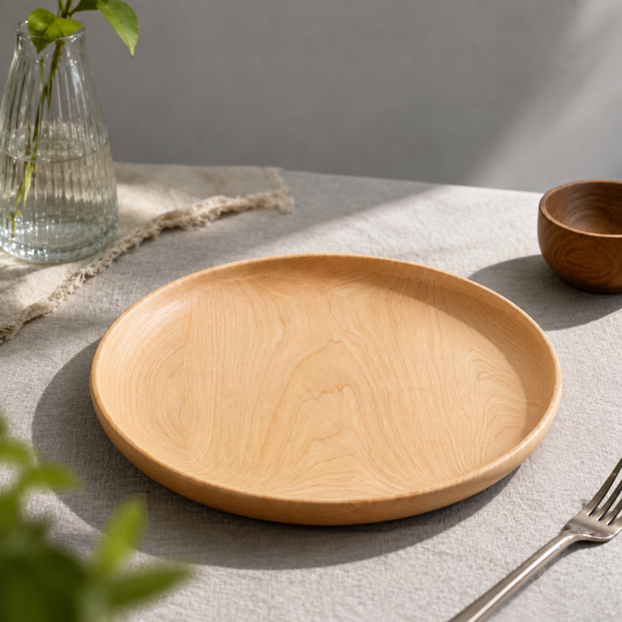 Detalle del acabado de madera del plato.