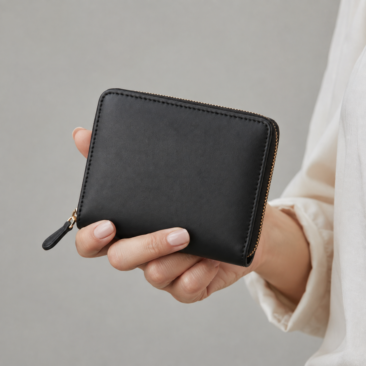 Cartera de cuero negra con cremallera dorada