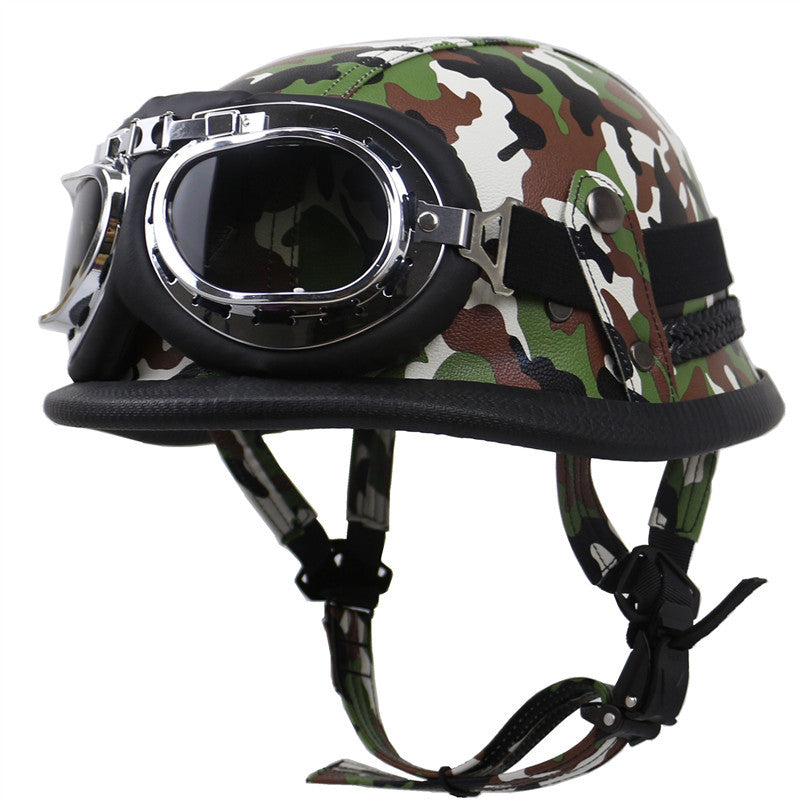 Casco de motocicleta de cuero vintage con gafas