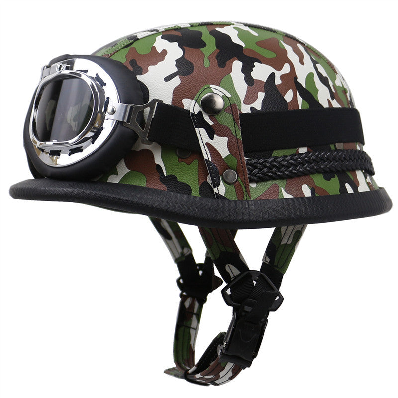 Casco de motocicleta de cuero vintage con gafas