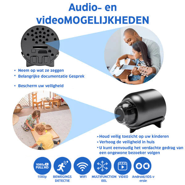 Cámara de vigilancia compacta Full HD 1080p WiFi Nachtzicht met Bewegingsdetectie para Thuisbewaking y Kinderopvang