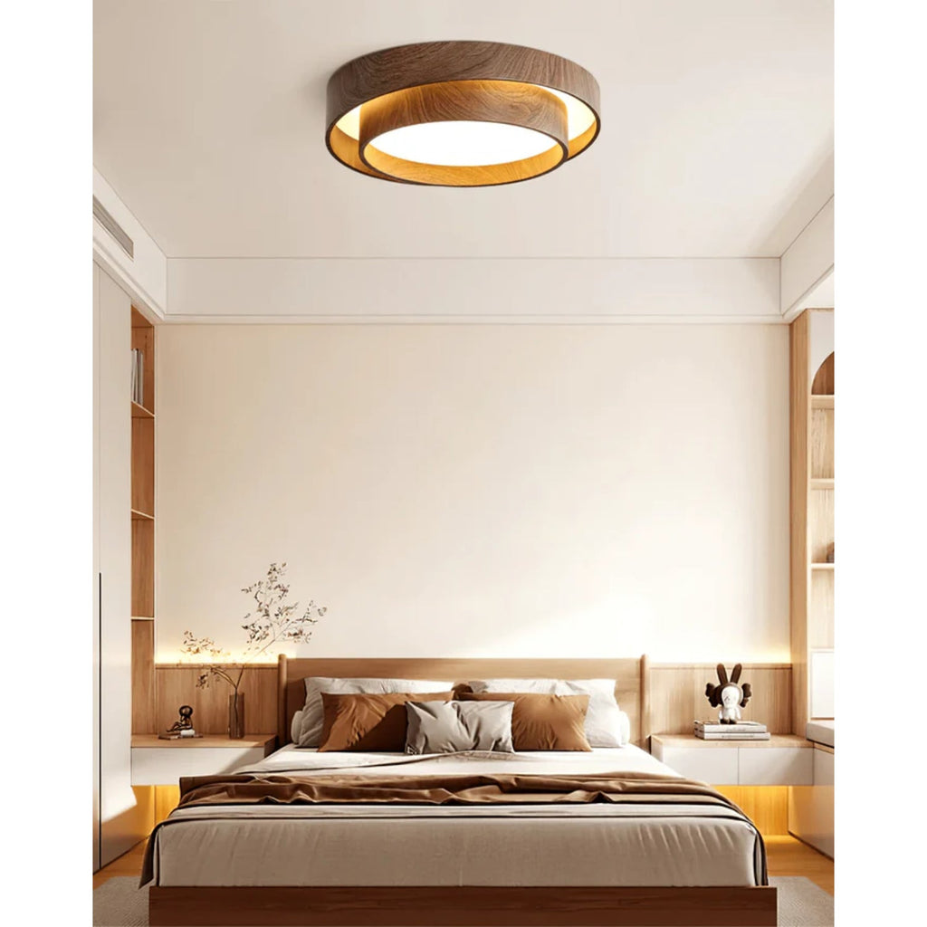 Lámpara de techo LED con aspecto moderno de nogal Japandi woonkamer slaapkamer ronde plafondlamp moderne verlichting houtnerf look