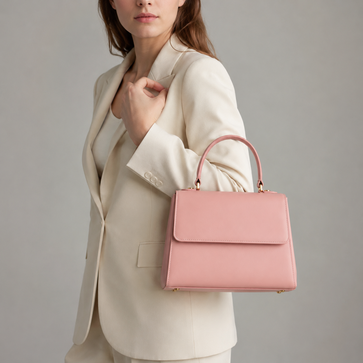 Vista lateral del bolso de mano rosa elegante.