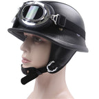 Casco de motocicleta de cuero vintage con gafas cromadas