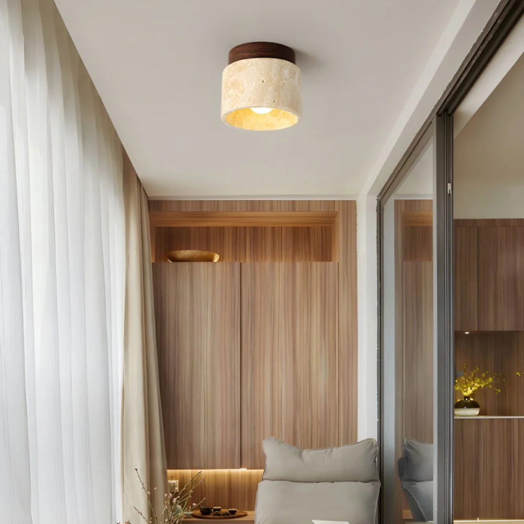 Lámpara de techo cilíndrica de travertino con detalles de madera E27 12cm