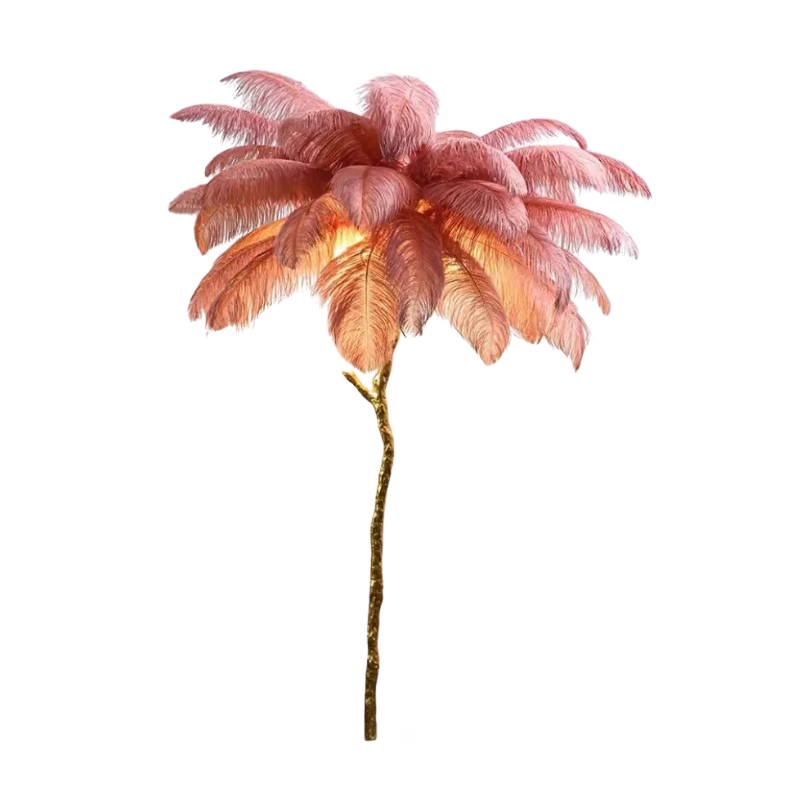 Lámpara de pie nórdica con plumas | Base dorada con plumas de avestruz rosa