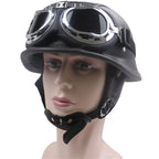 Casco de motocicleta de cuero vintage con gafas cromadas