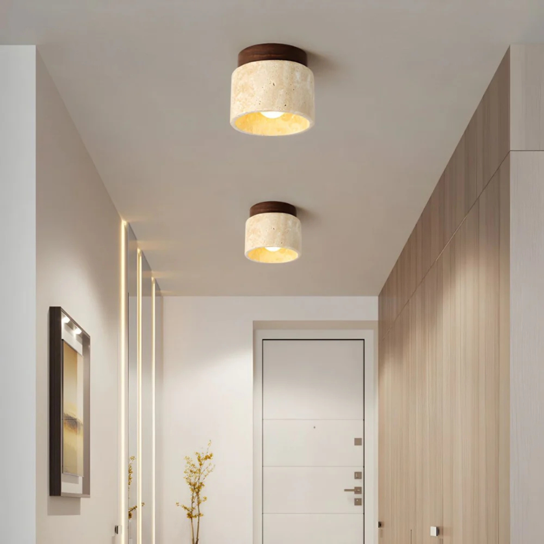 Lámpara de techo cilíndrica de travertino con detalles de madera E27 12cm