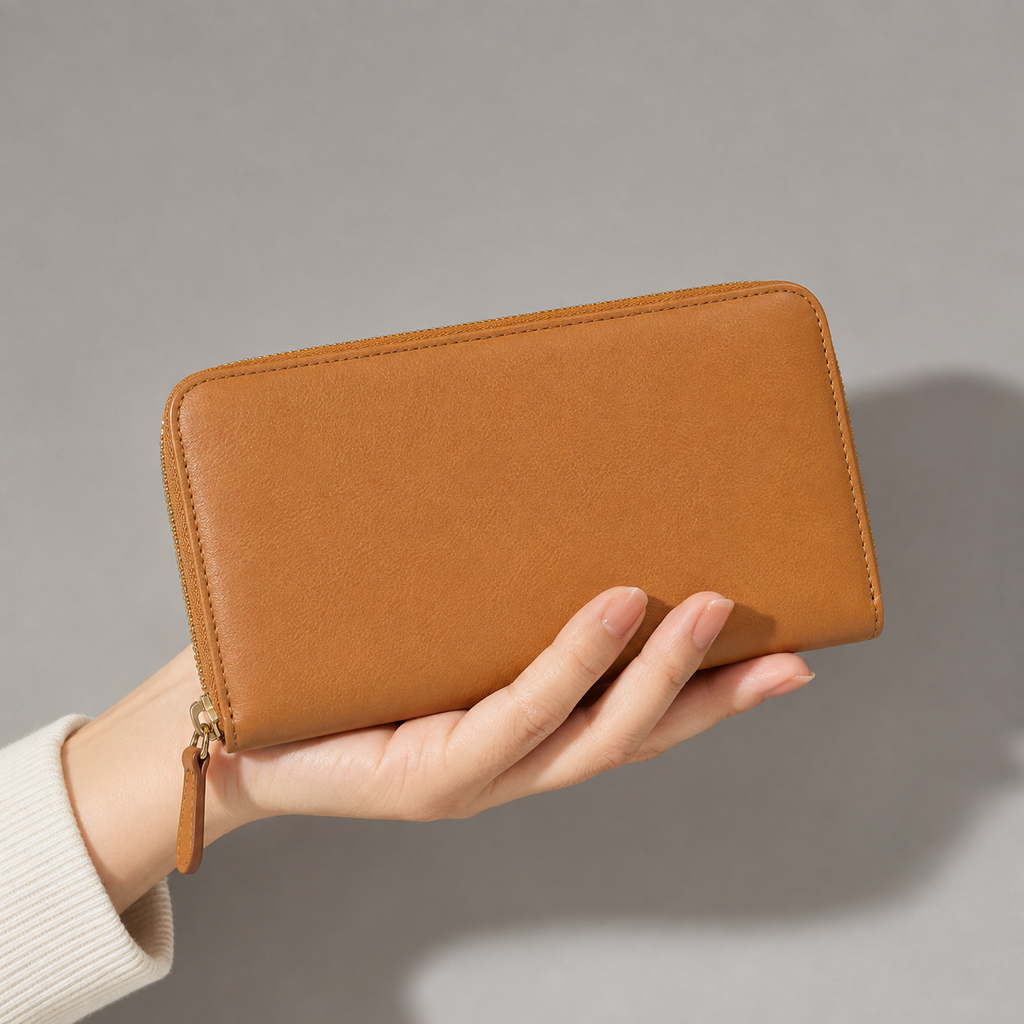 Cartera de cuero marrón con cremallera