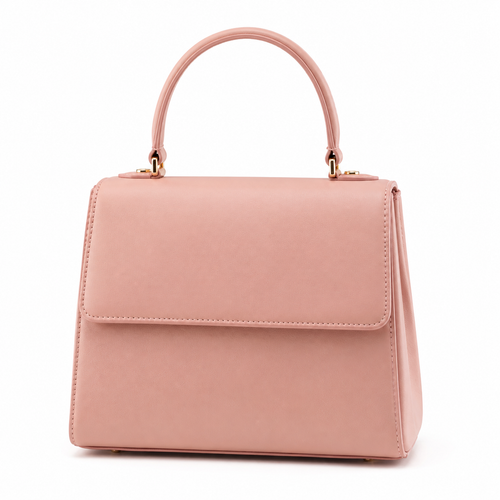 Bolso de mano rosa de cuero sintético con asa superior.