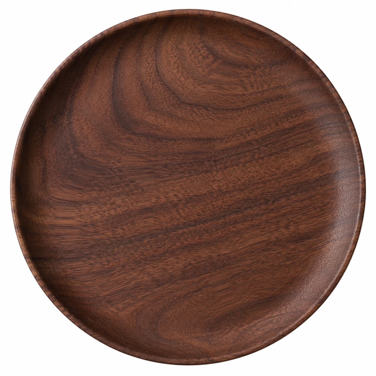 Plato de madera de nogal sobre mesa blanca