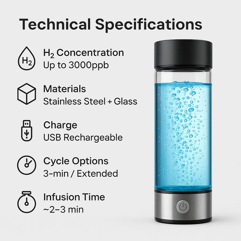 Wasserstoff-Wasserflasche | Cargador USB, dispositivos energizantes y perfecto para dieta, hidratación y bienestar.