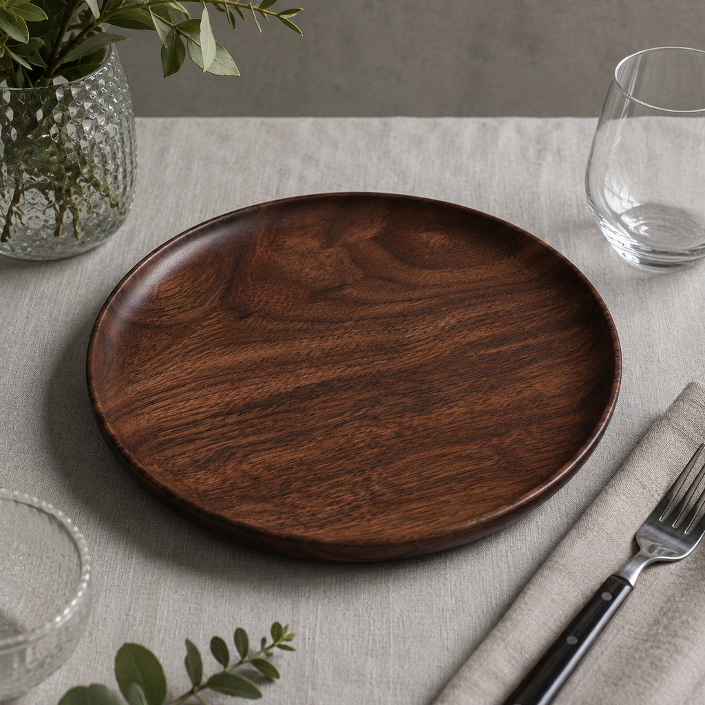 Detalle del acabado del plato de madera de nogal