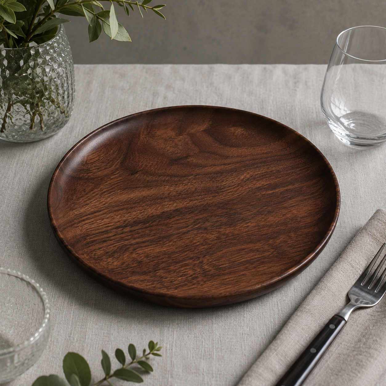 Detalle del acabado del plato de madera de nogal
