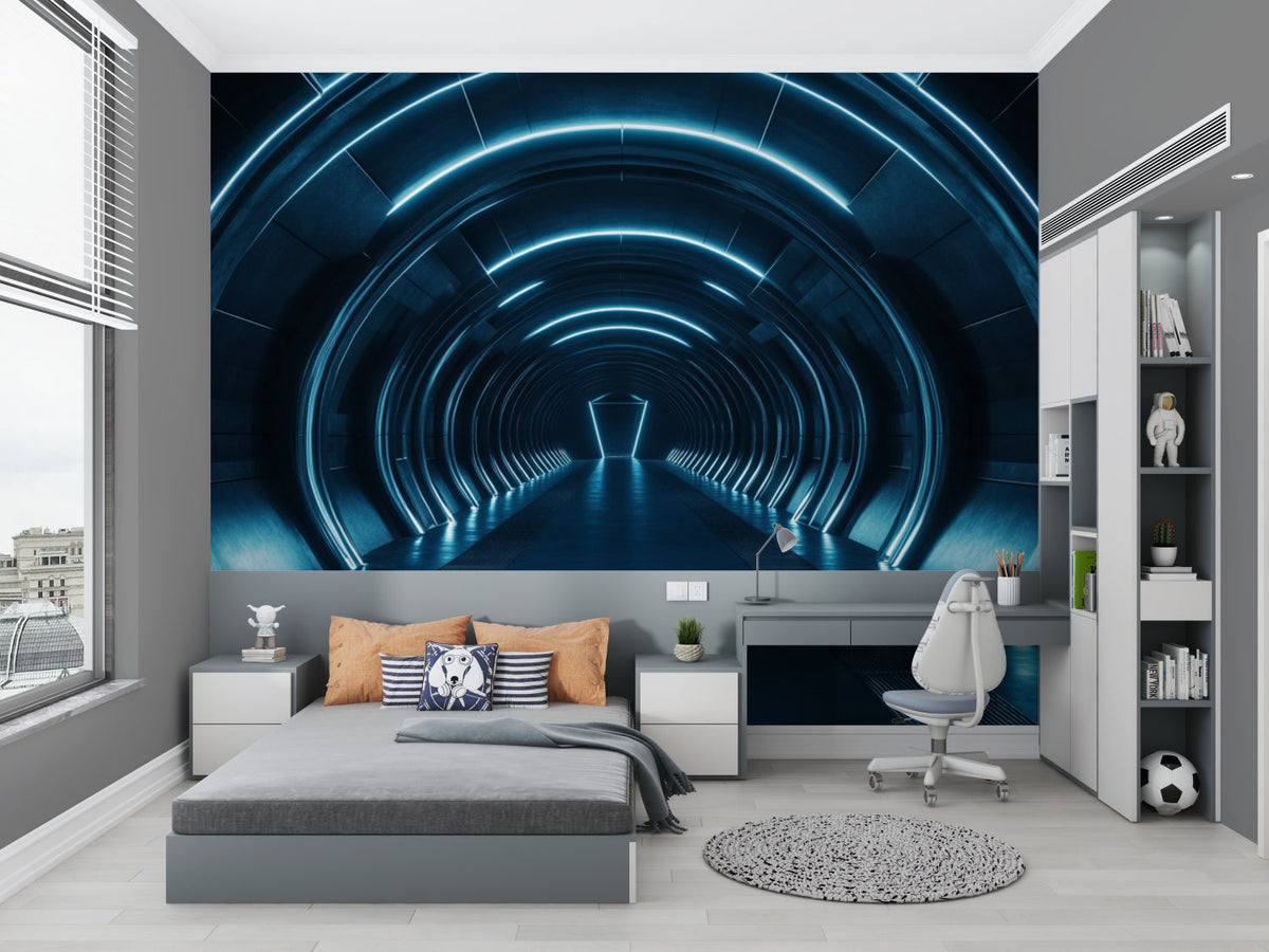 Papel pintado mural de túnel 3D | Diseño futurista de luz azul