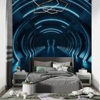 Papel pintado mural de túnel 3D | Diseño futurista de luz azul