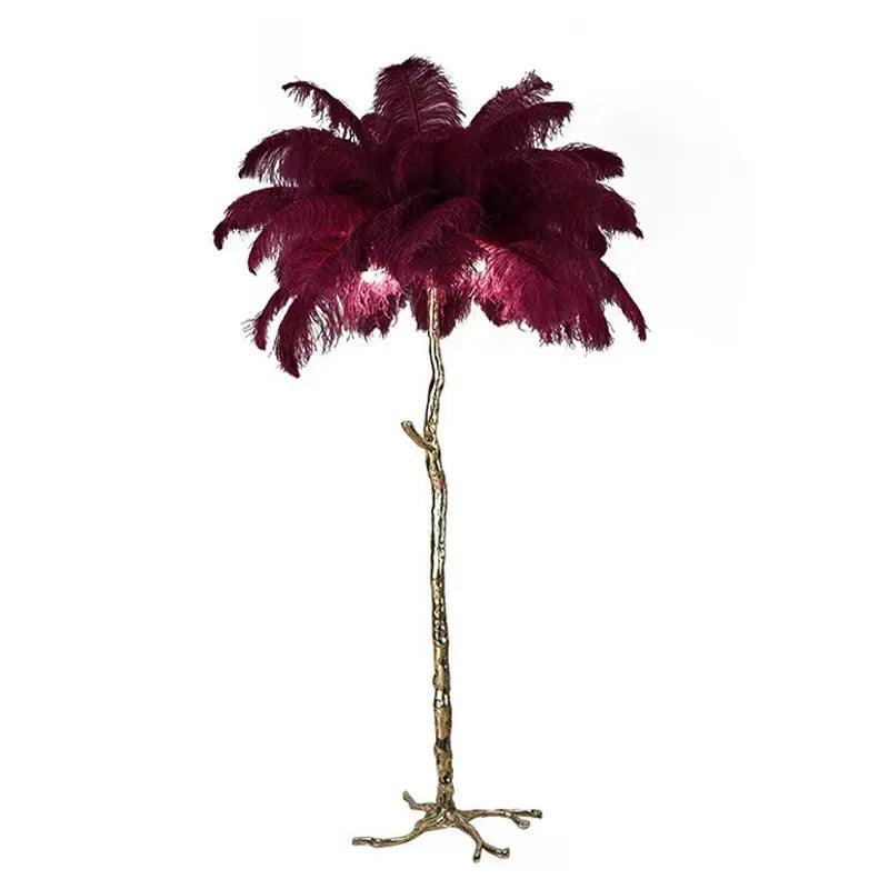 Lámpara de pie nórdica con plumas | Base dorada con plumas de avestruz rosa