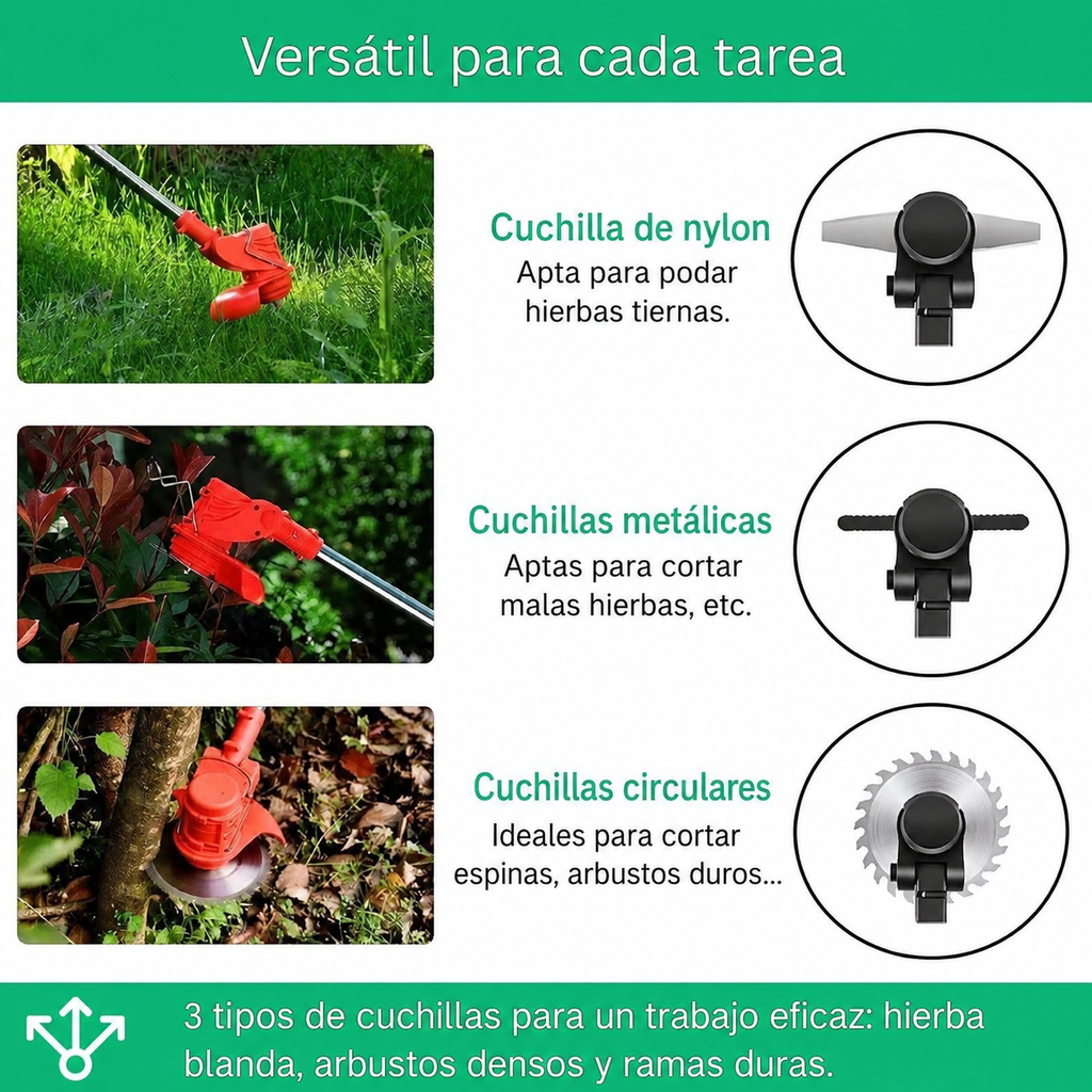 Desbrozadora sin cable de 21V con mango regulable y cabezal giratorio 90°