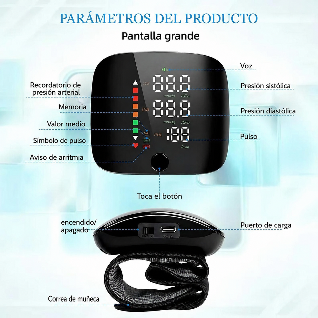 Tensiómetro de muñeca digital con avisos de voz y pantalla LCD
