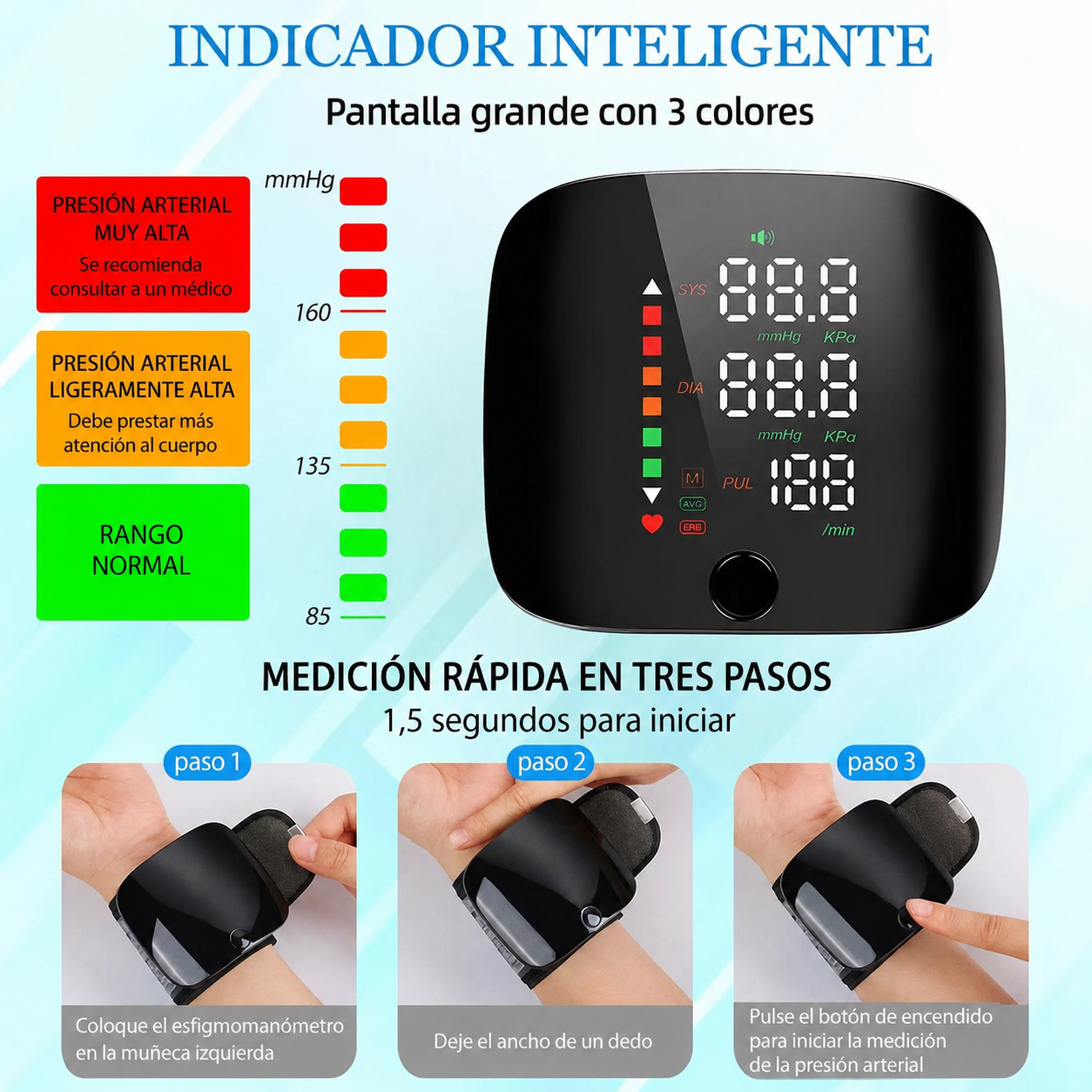Tensiómetro de muñeca digital con avisos de voz y pantalla LCD
