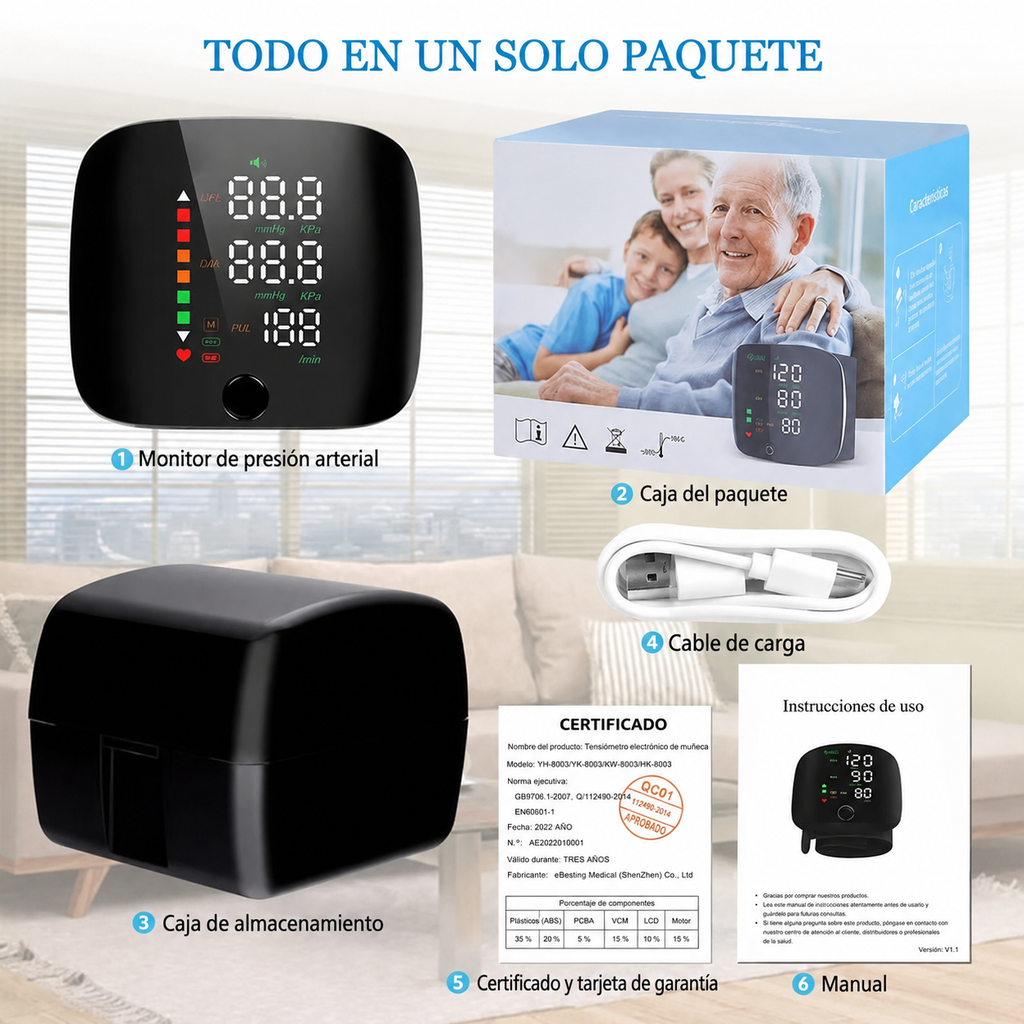 Tensiómetro de muñeca digital con avisos de voz y pantalla LCD