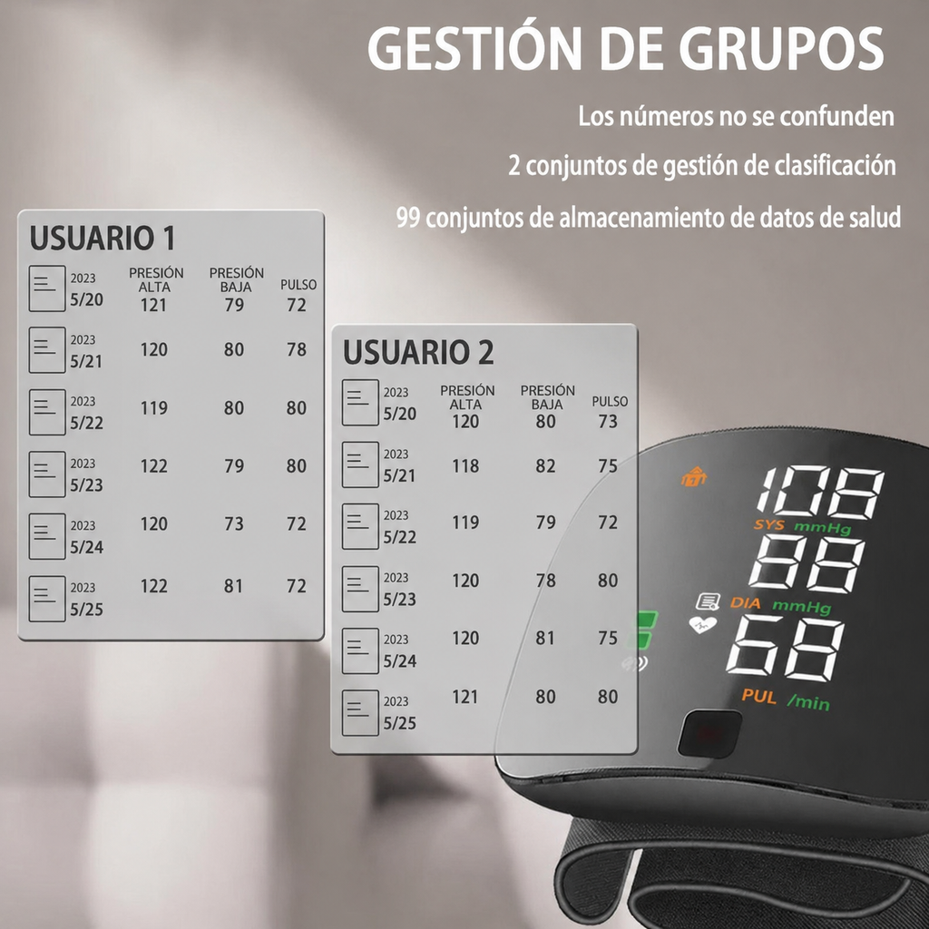 Tensiómetro de muñeca digital con avisos de voz y pantalla LCD
