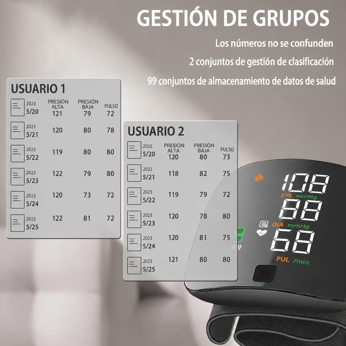 Tensiómetro de muñeca digital con avisos de voz y pantalla LCD
