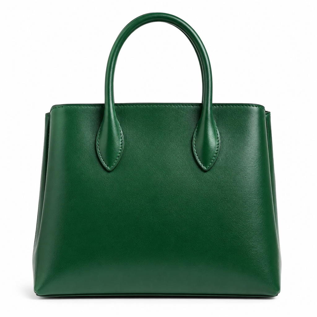 Bolso de mano de piel verde con asas resistentes.