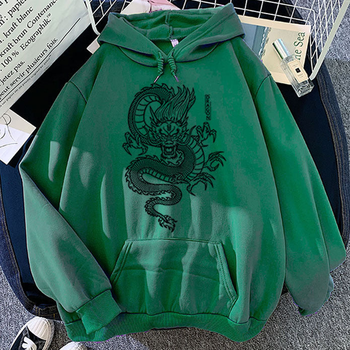 Sudadera con capucha cálida para hombre - Estampado de dragón, poliéster, estilo casual
