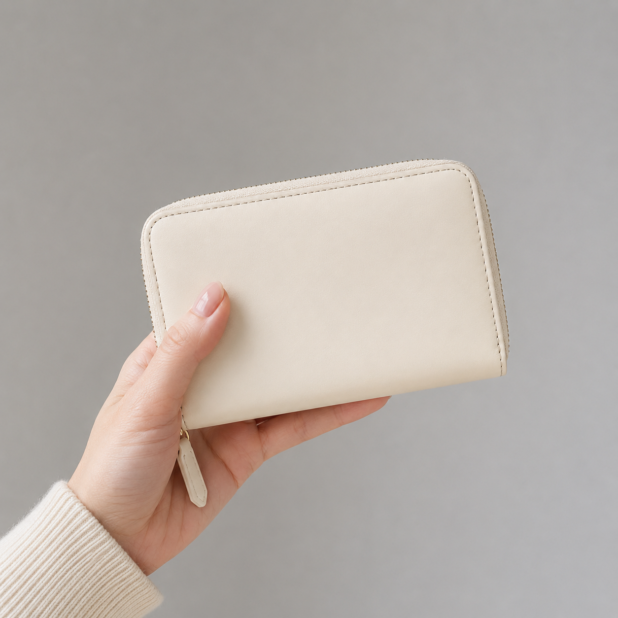 Cartera beige con cremallera dorada.