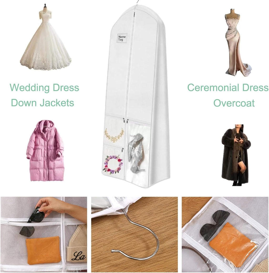 Bolsa para guardar vestidos de novia – Bolsa para ropa a prueba de polvo de tamaño completo con bolsillos para accesorios