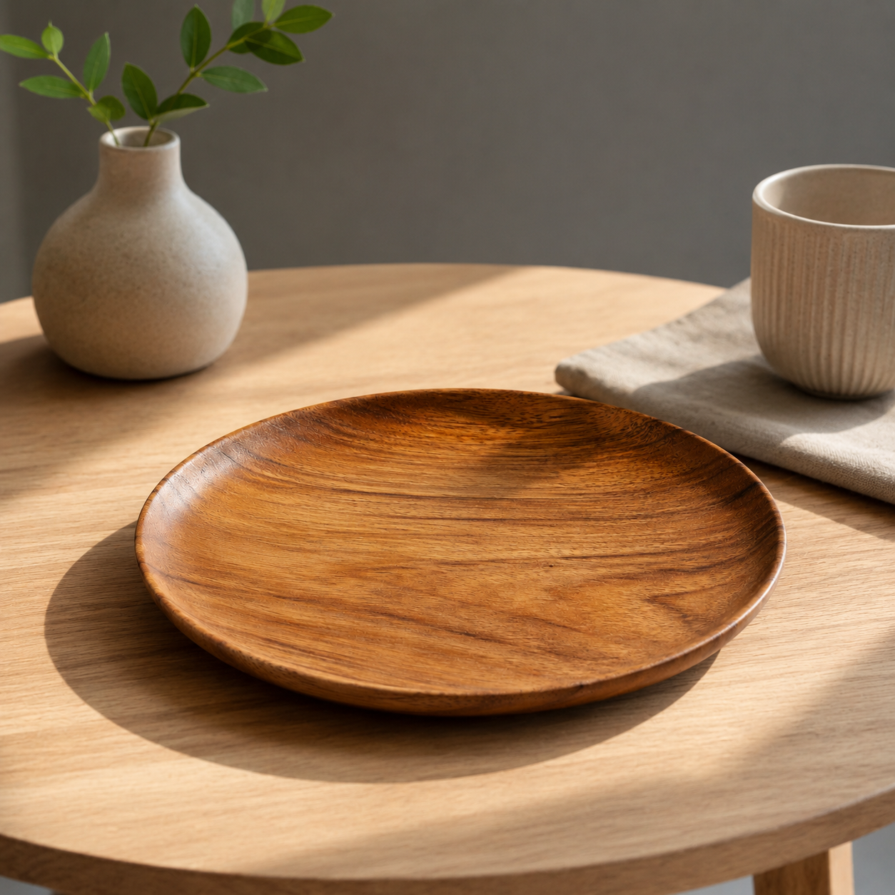 Detalle del acabado en madera natural del plato.