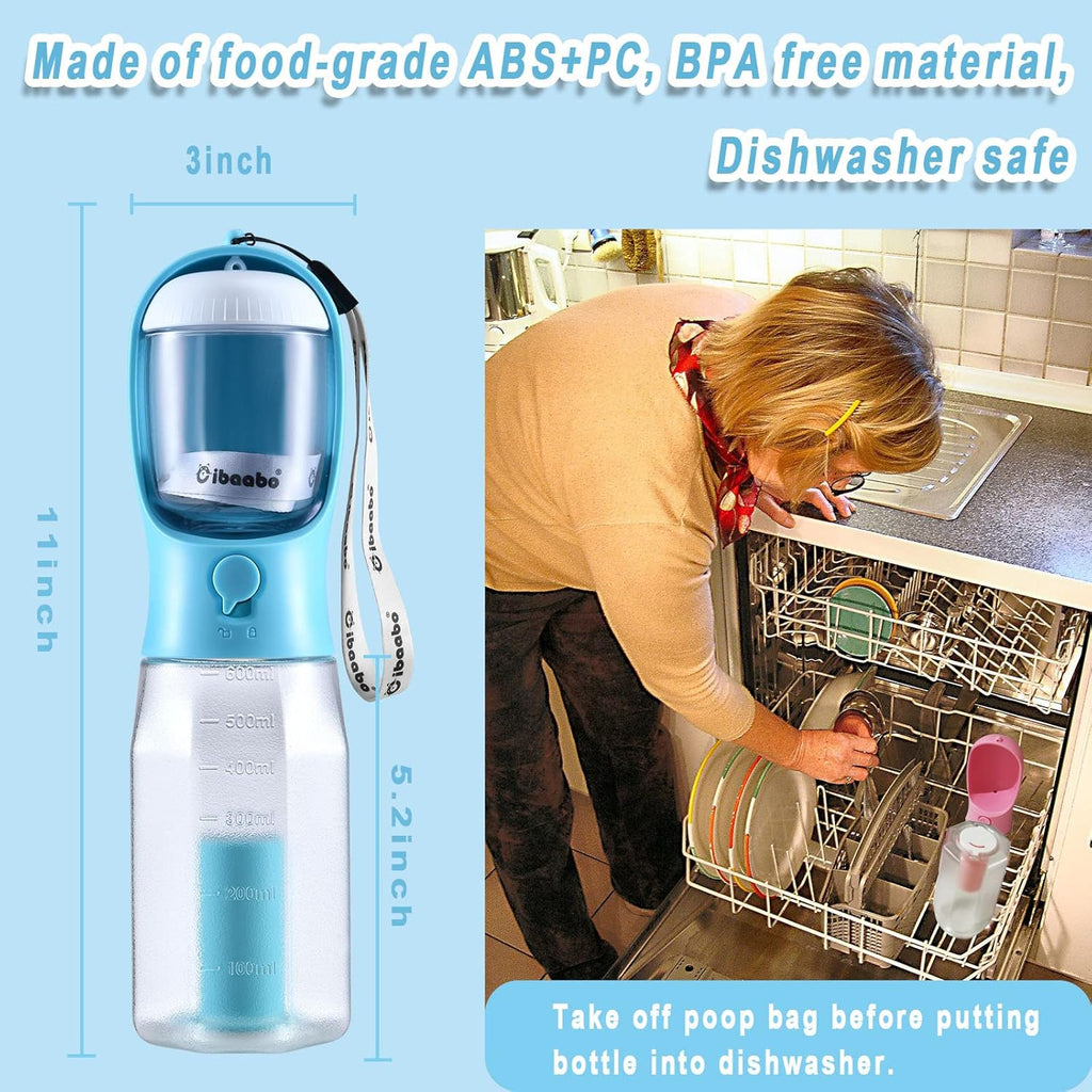 Botella de agua para perros con recipiente para comida