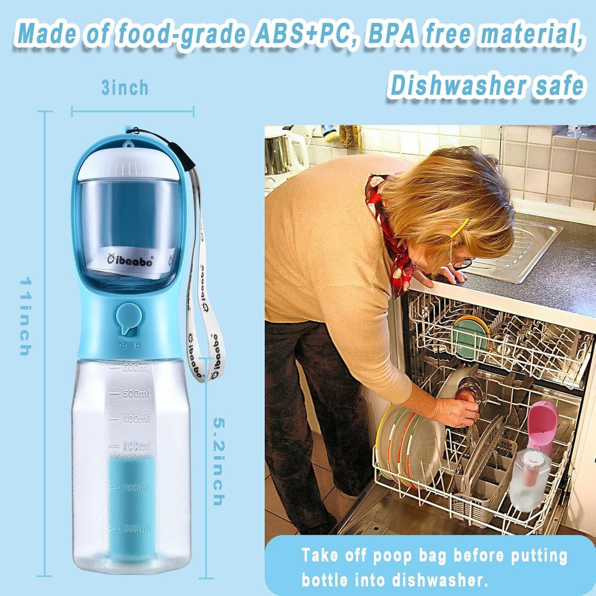 Botella de agua para perros con recipiente para comida
