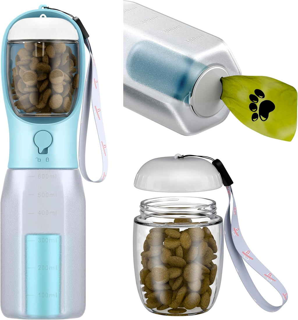 Botella de agua para perros con recipiente para comida