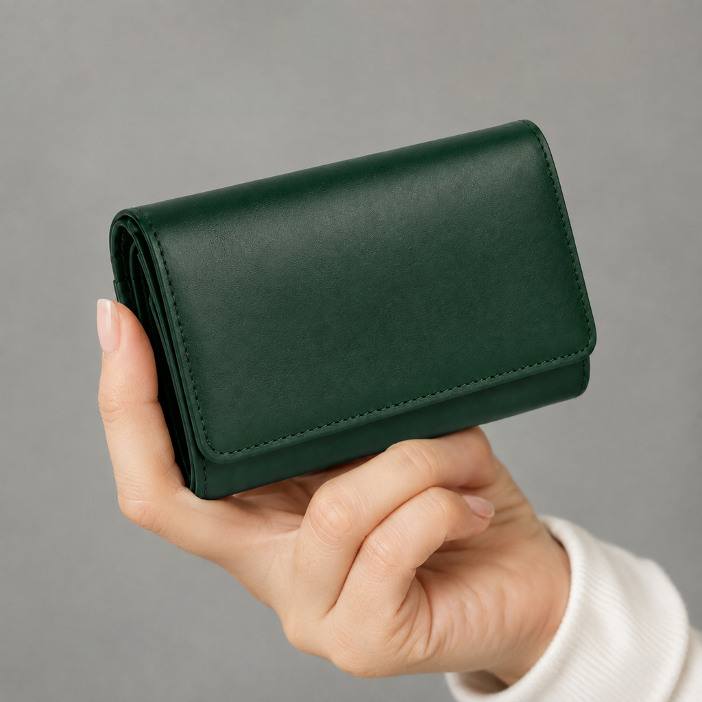 Detalle del cierre magnético de la cartera de cuero verde.