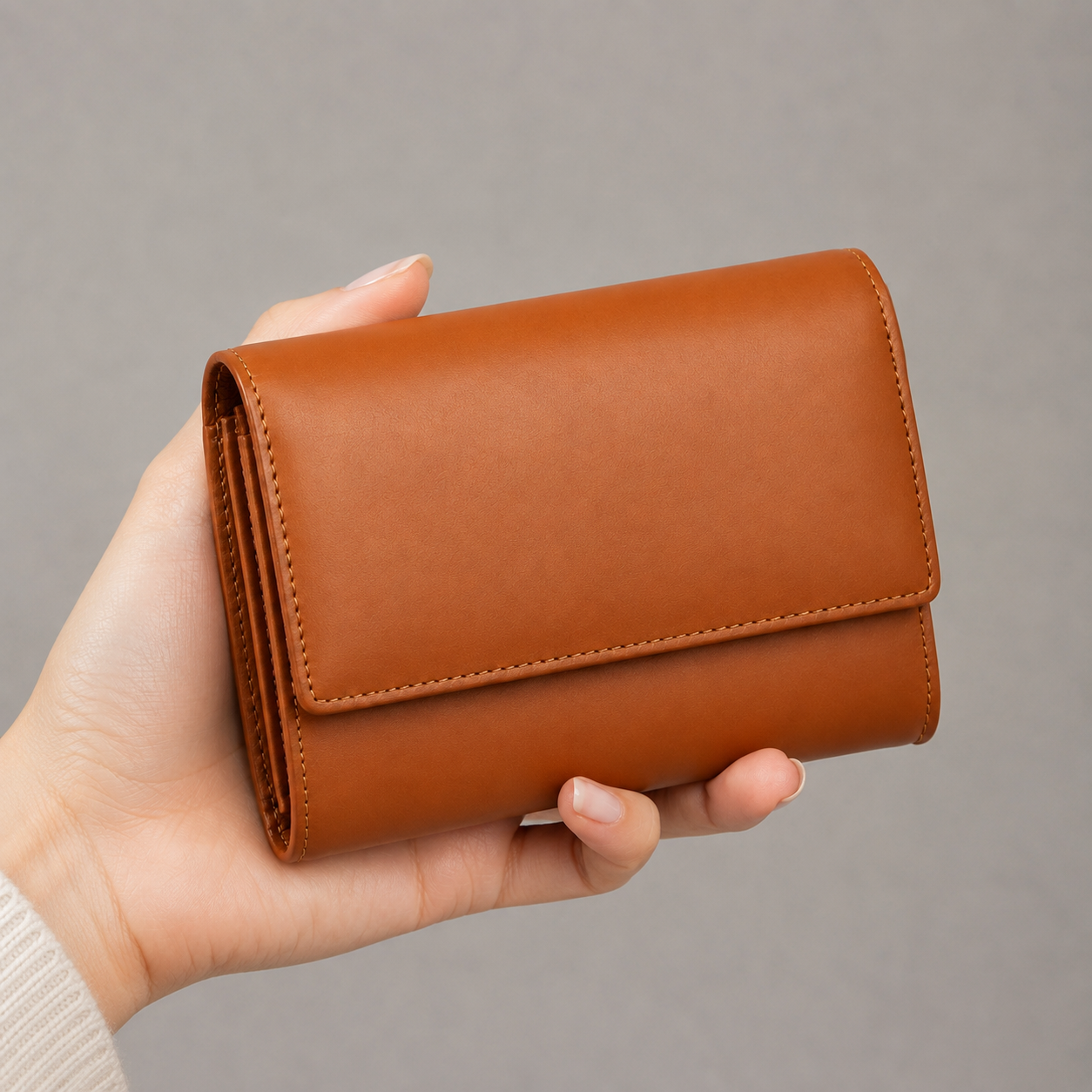 Cartera de cuero marrón con cierre magnético
