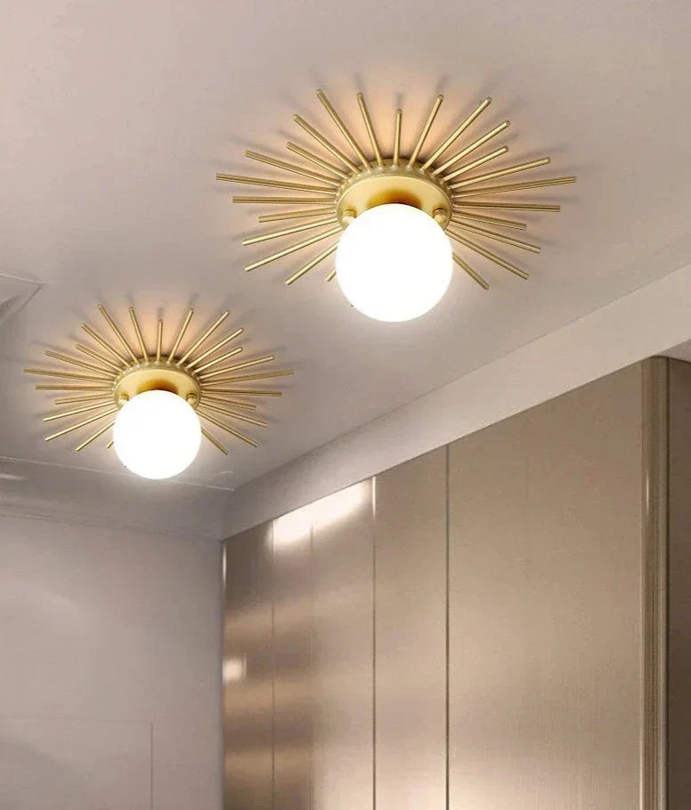 Lámpara de techo Sunburst | Lámpara de globo de metal dorado