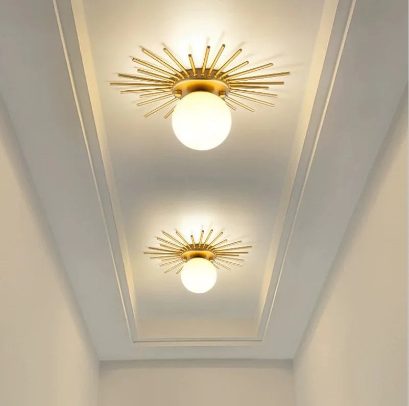 Lámpara de techo Sunburst | Lámpara de globo de metal dorado