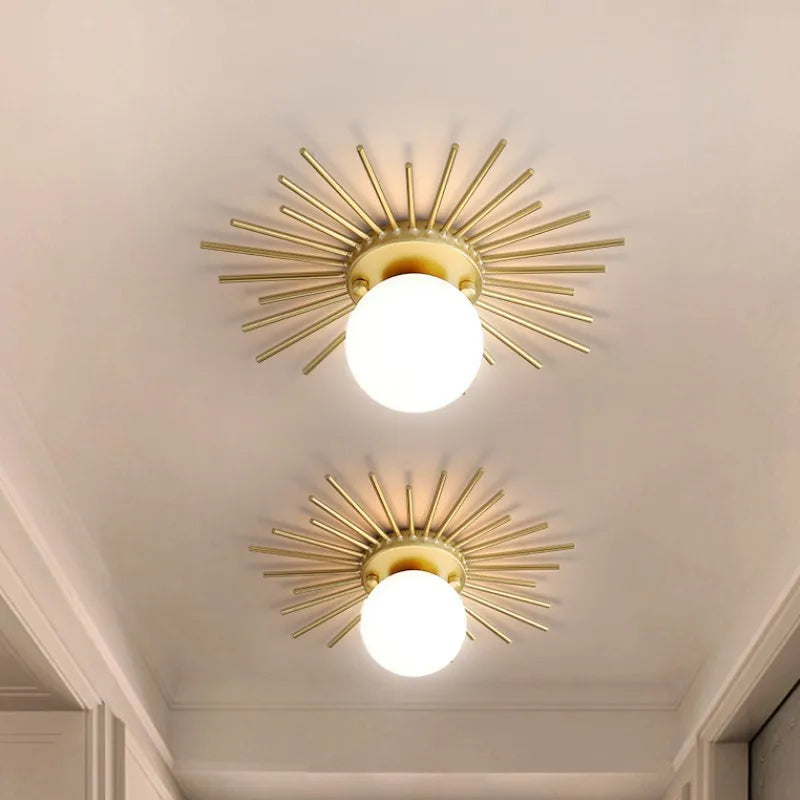 Lámpara de techo Sunburst | Lámpara de globo de metal dorado