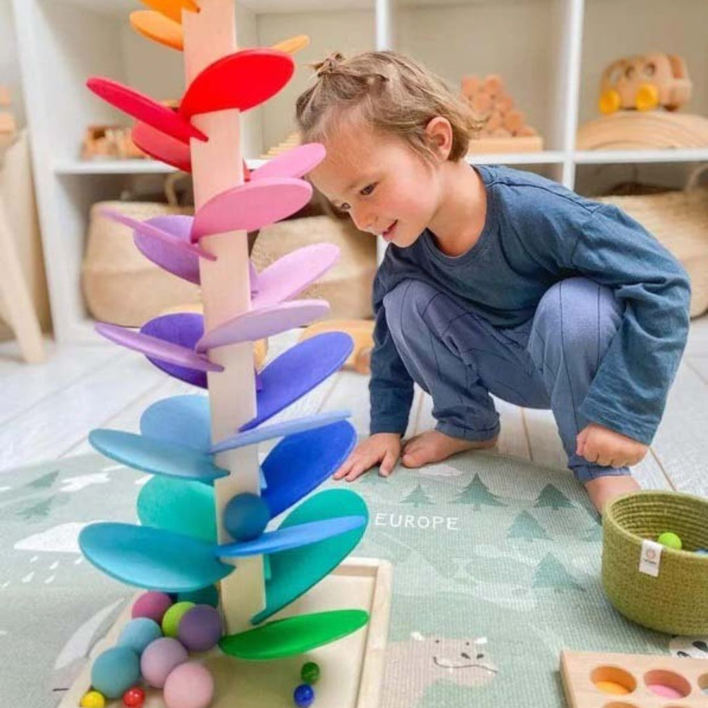 Torre de sonido arcoíris de madera, juego sensorial educativo