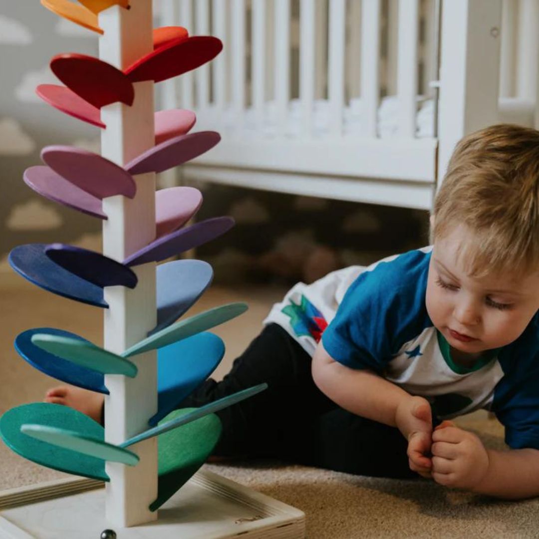 Torre de sonido arcoíris de madera, juego sensorial educativo