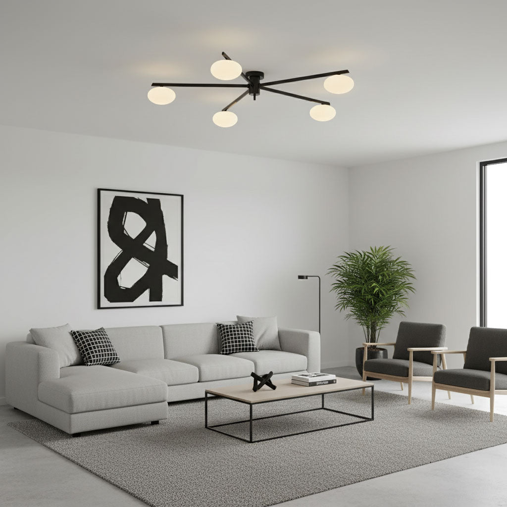 Lámpara de techo con globos de cristal ovalados y brazos delgados – Diseño moderno de perfil bajo para techos bajos en negro o latón – Casquillo G9 –